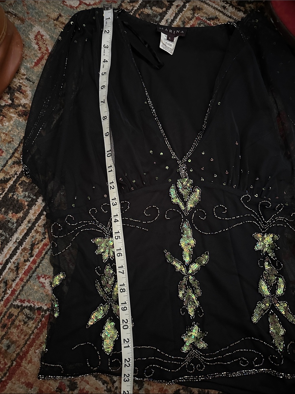MARINA Black Beaded V-Neck Top with Green Sequin Floral Detail - Picture 6 of 6